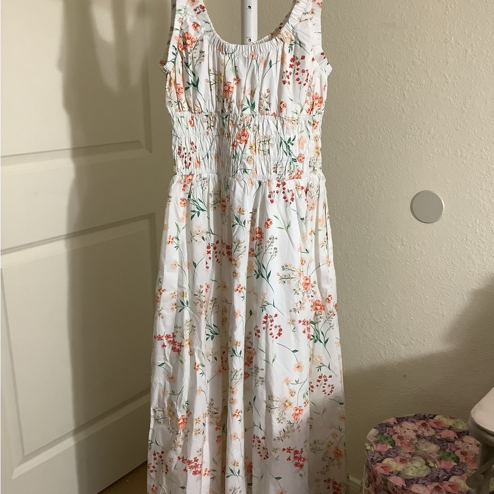 LOFT White and Green Floral Summer Dress